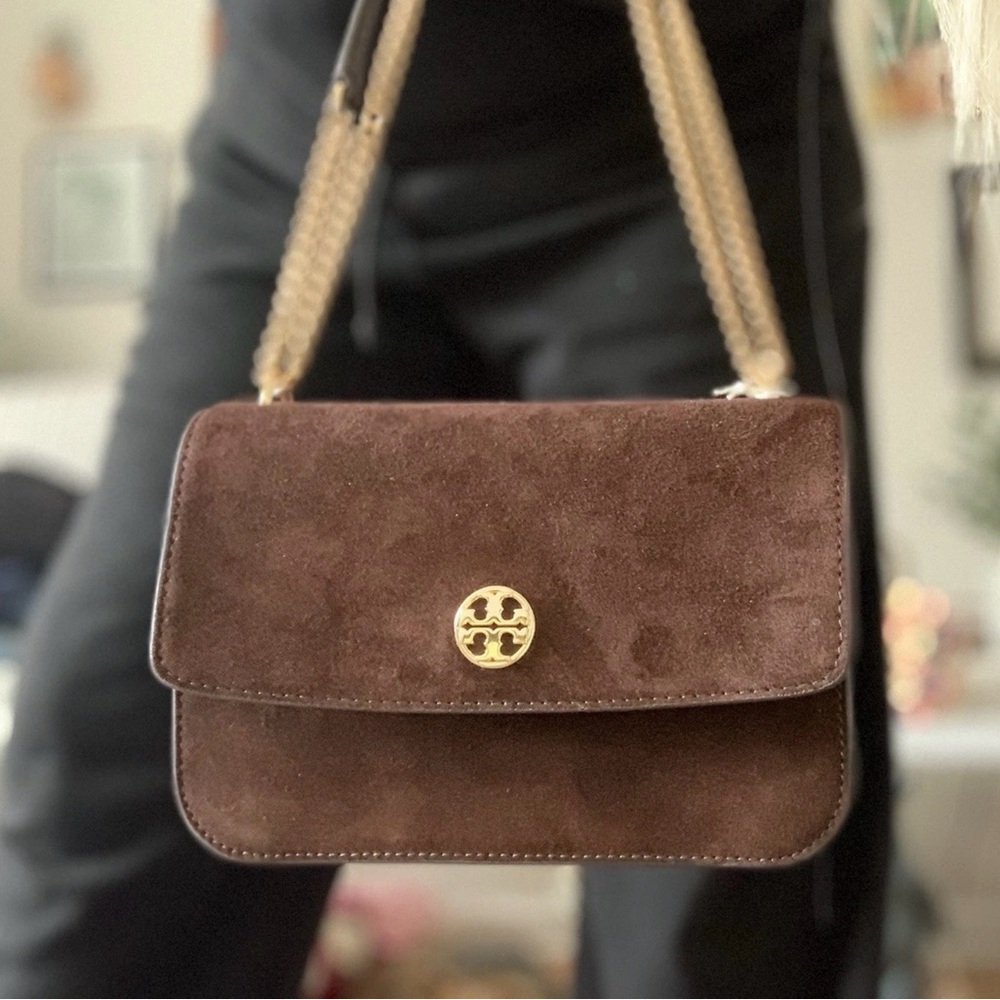 NWT TORY BURCH SUEDE & LEATHER SHOULDER/CROSSBODY BAG DARK COCOA - Picture 8 of 12